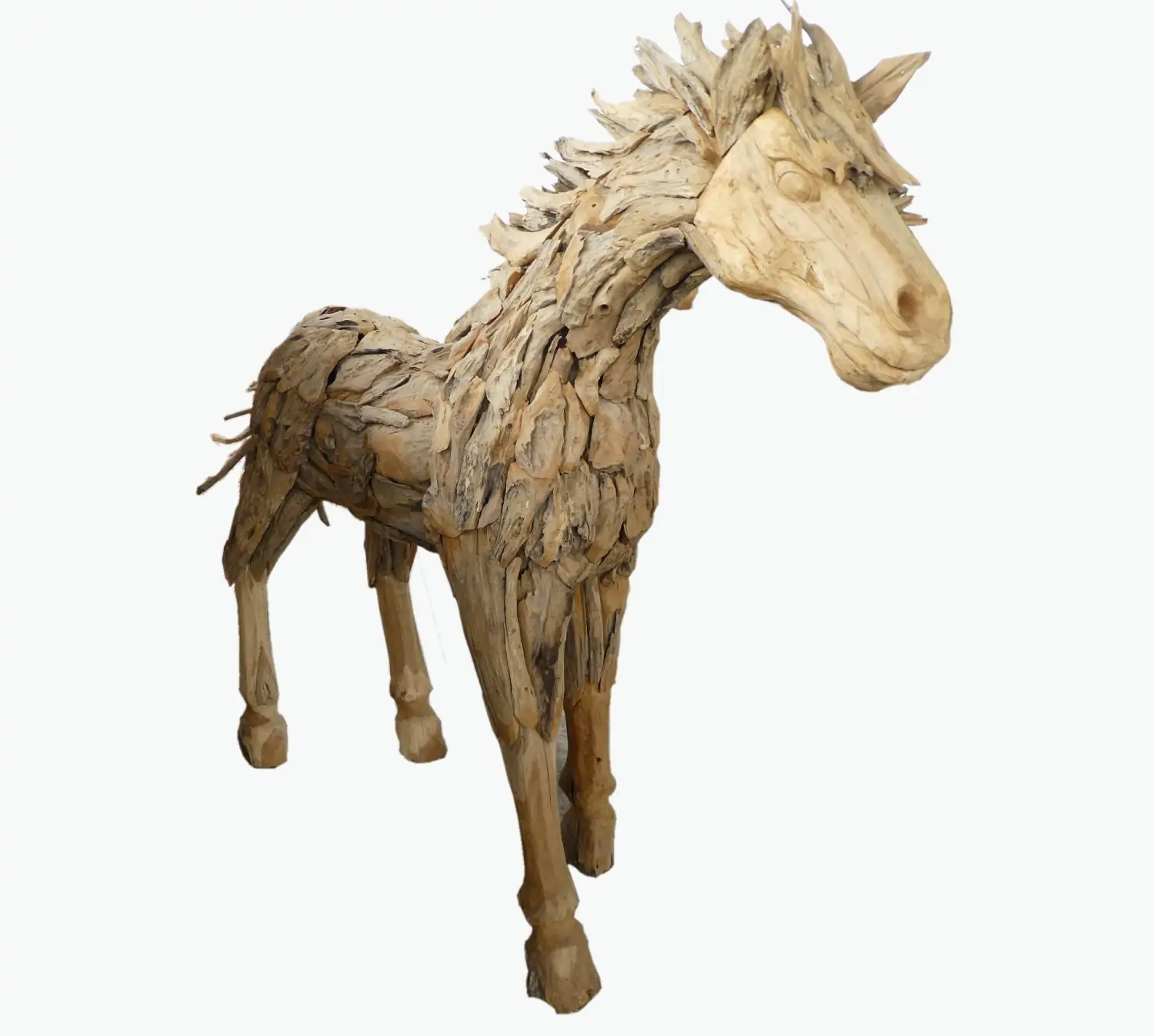  Product image 1 of the product “Standing Horse , the head is carved into wood, the body is made from single teak root pieces. The size is sbout 240cm lenght and 180cm height. ”